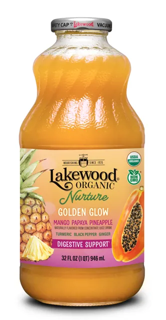 Lakewood Organic Lakewood Nurture Golden Glow | Organic Tropical Juice with Prebiotic Fiber, Ginger and Turmeric, 32oz Glass